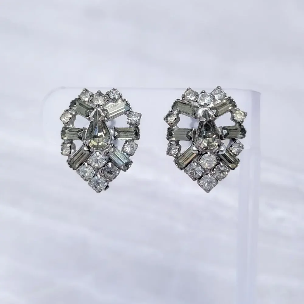 Vintage Clip On Earrings Stylish Smokey Tone Gems Large Regal Art Deco Style